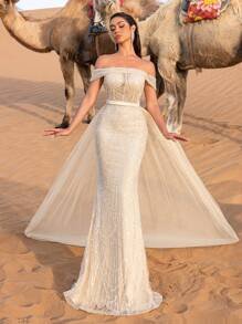 SD3215 Off-Shoulder Tulle Overlay Mermaid Gown - 12/14 (L), champagne image