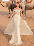 SD3215 Off-Shoulder Tulle Overlay Mermaid Gown - 12/14 (L), champagne image