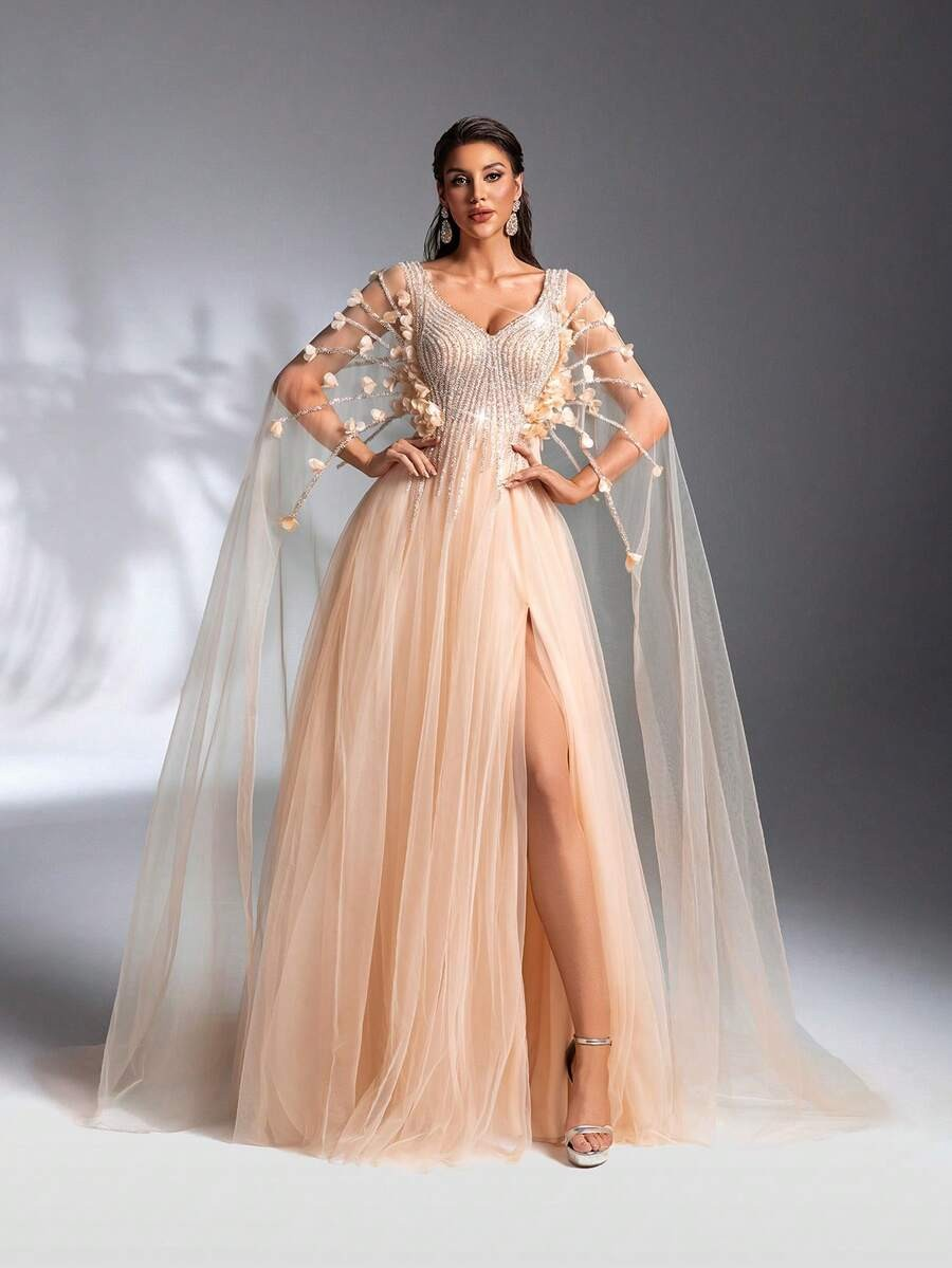 SD3208 Cloak Sleeve 3D Floral Mesh Gown