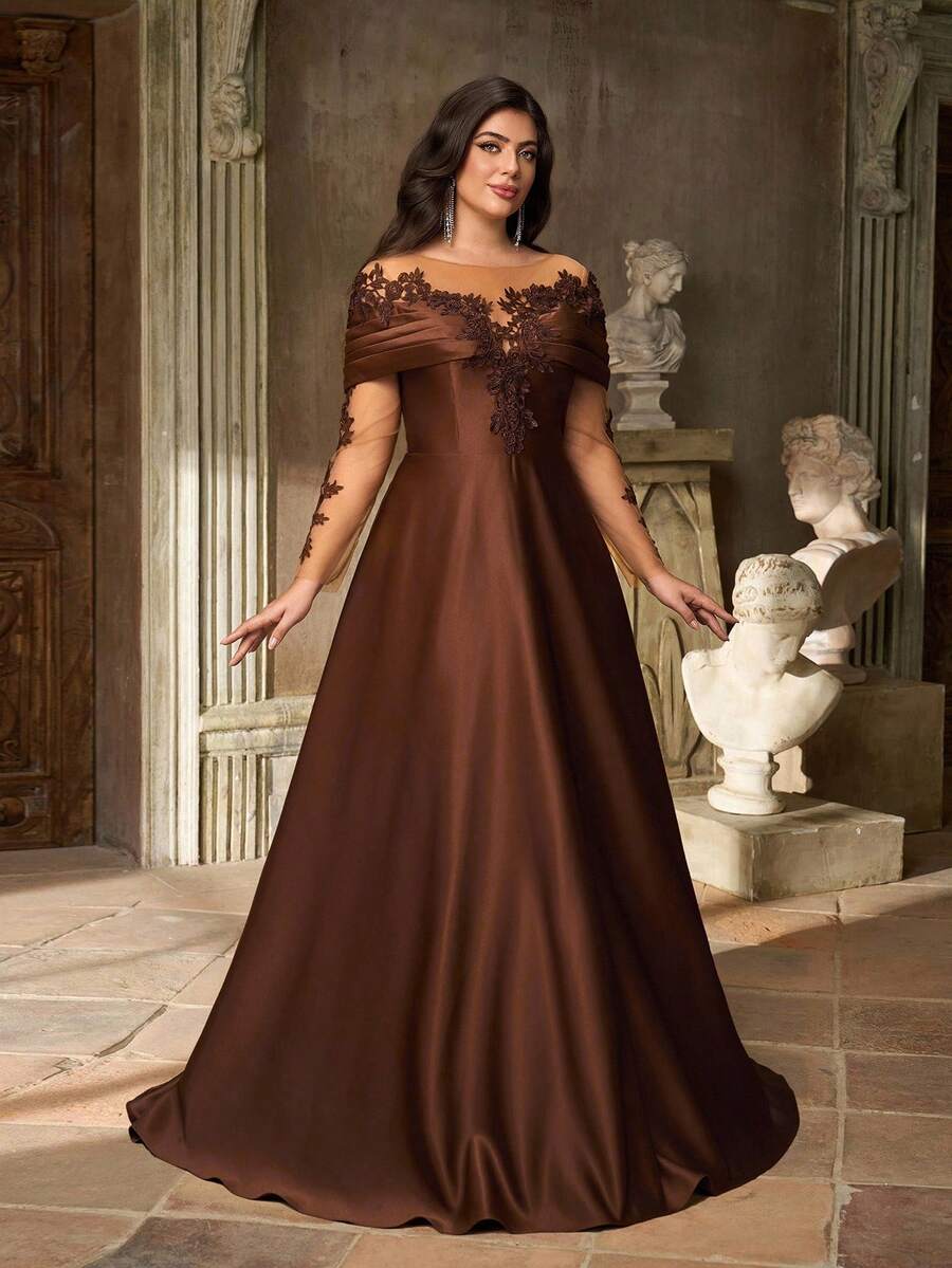 SDE3252 Plus Size Burgundy Lace Applique Off-Shoulder Satin Dress