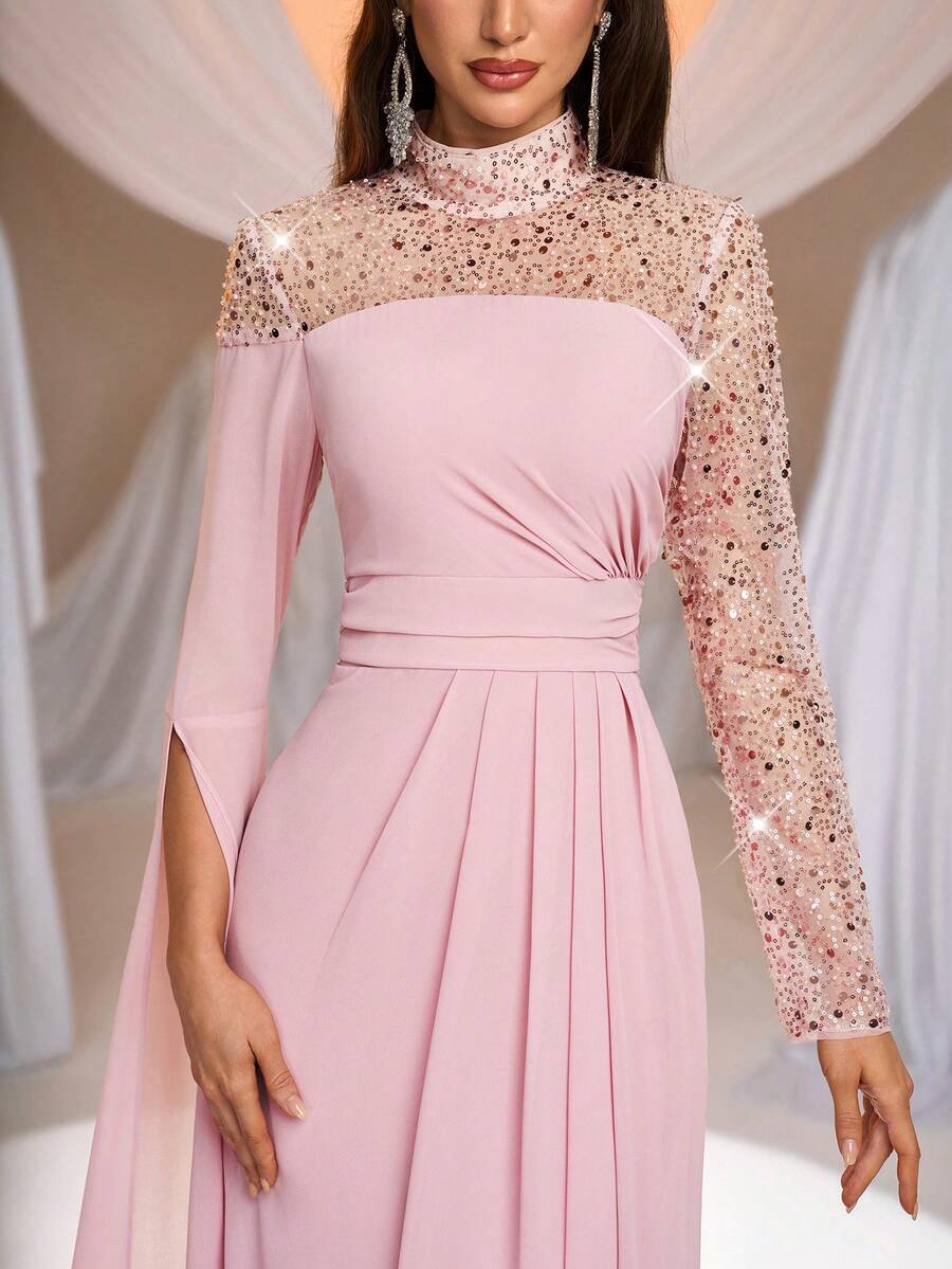 SDE3275 Pink Sequined Embroidered Chiffon Fishtail Gown