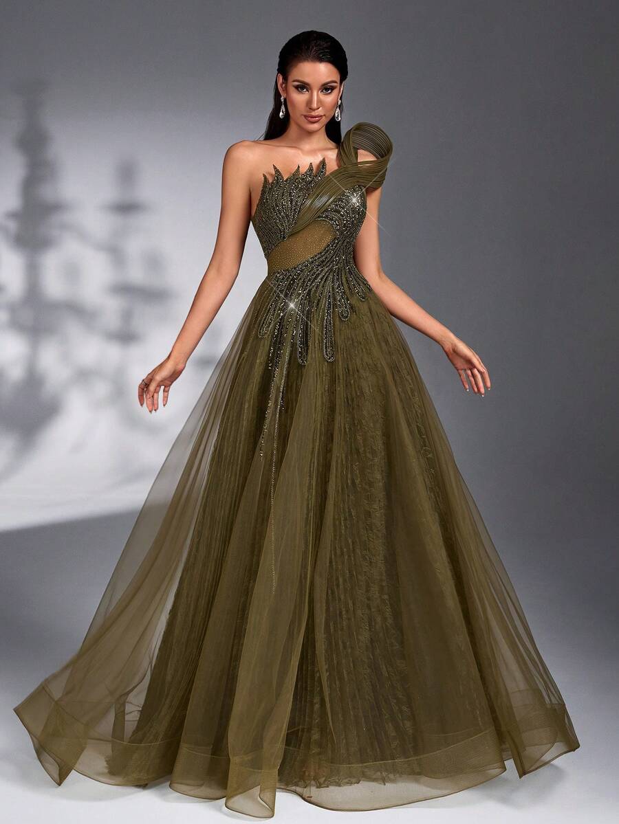 SD3266 Beaded Rhinestone Lace & Mesh Maxi Gown