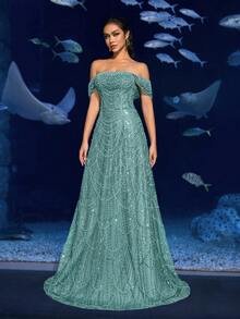 SD3216 Off-Shoulder Shimmering Fish Tail Gown - 12/14 (L), Green image