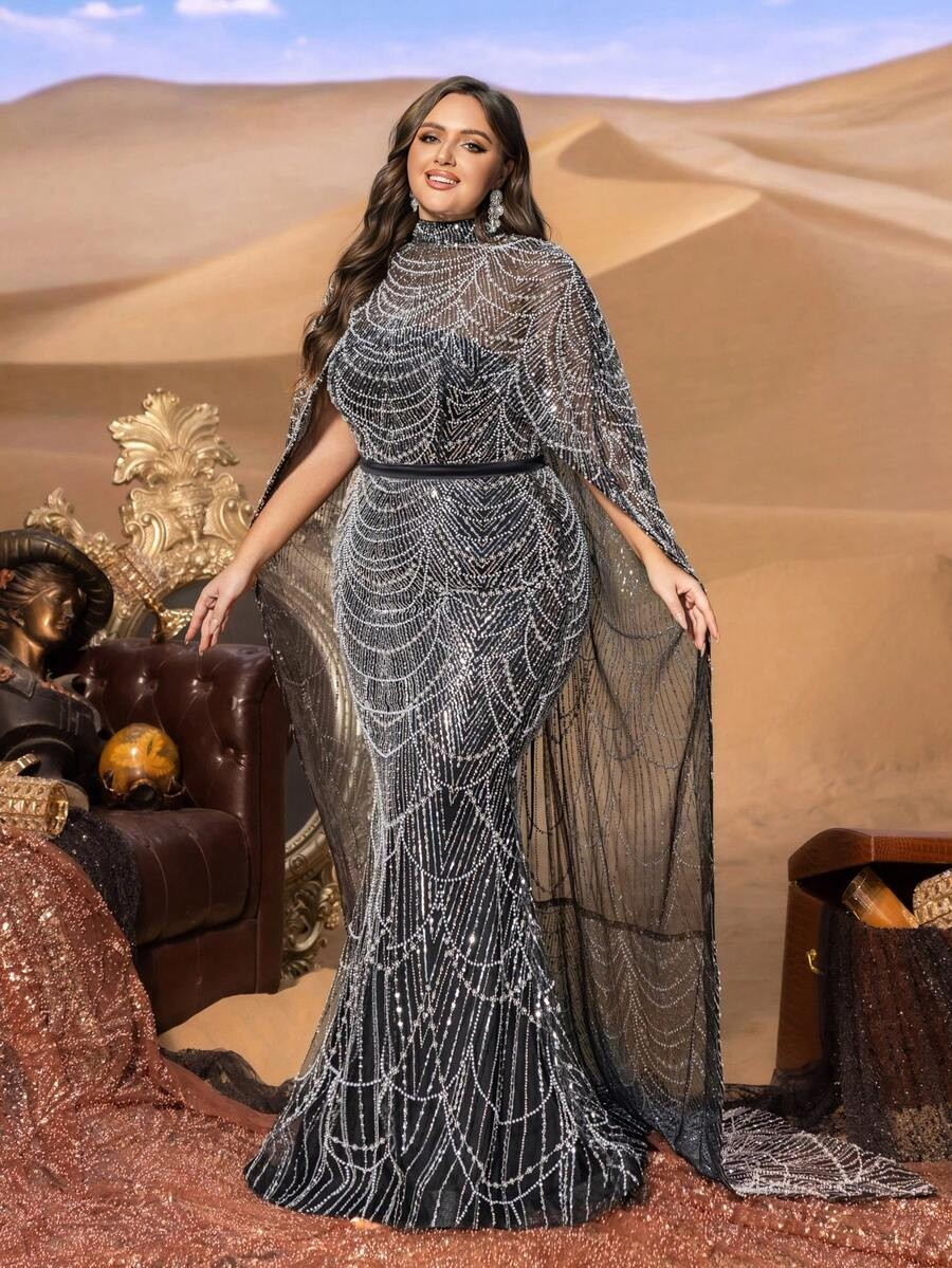 SD3258 Mock Neck Beaded Cape-Sleeve Fishtail Gown