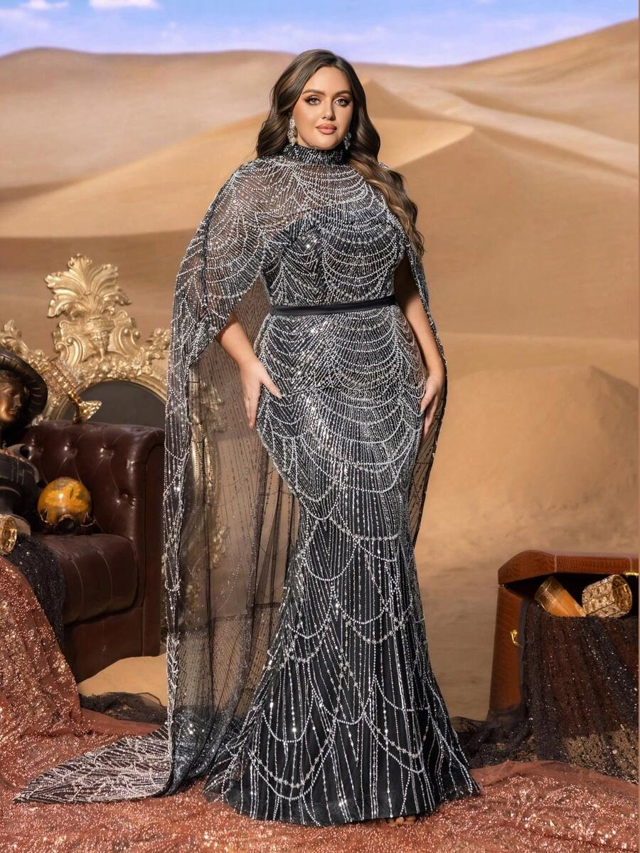 SD3258 Mock Neck Beaded Cape-Sleeve Fishtail Gown