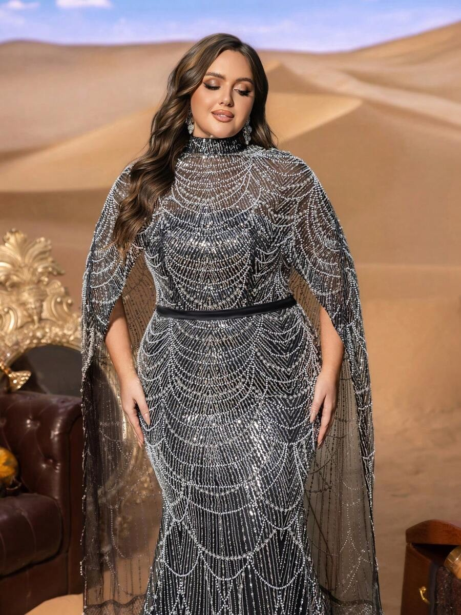 SD3258 Mock Neck Beaded Cape-Sleeve Fishtail Gown
