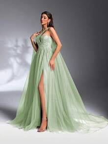 SD3186 Luxe Asymmetrical Beaded Mesh Gown - UK8(s), Green image