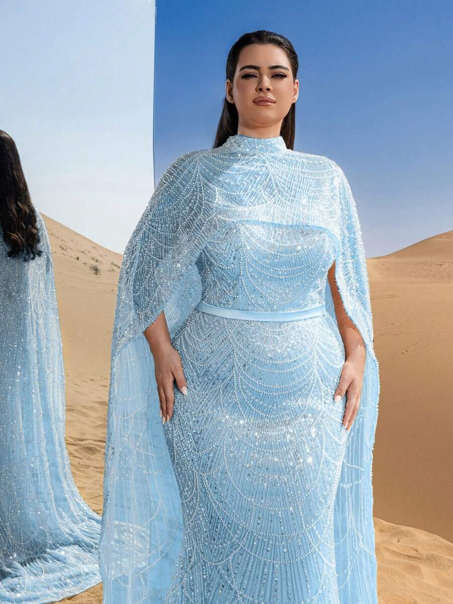 SD3258 Mock Neck Beaded Cape-Sleeve Fishtail Gown