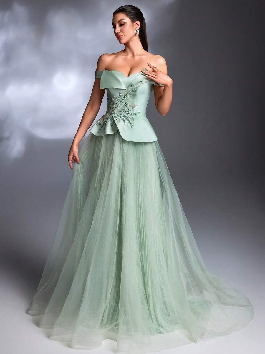 SD3263 One-Shoulder Satin & Mesh A-Line Gown image 5