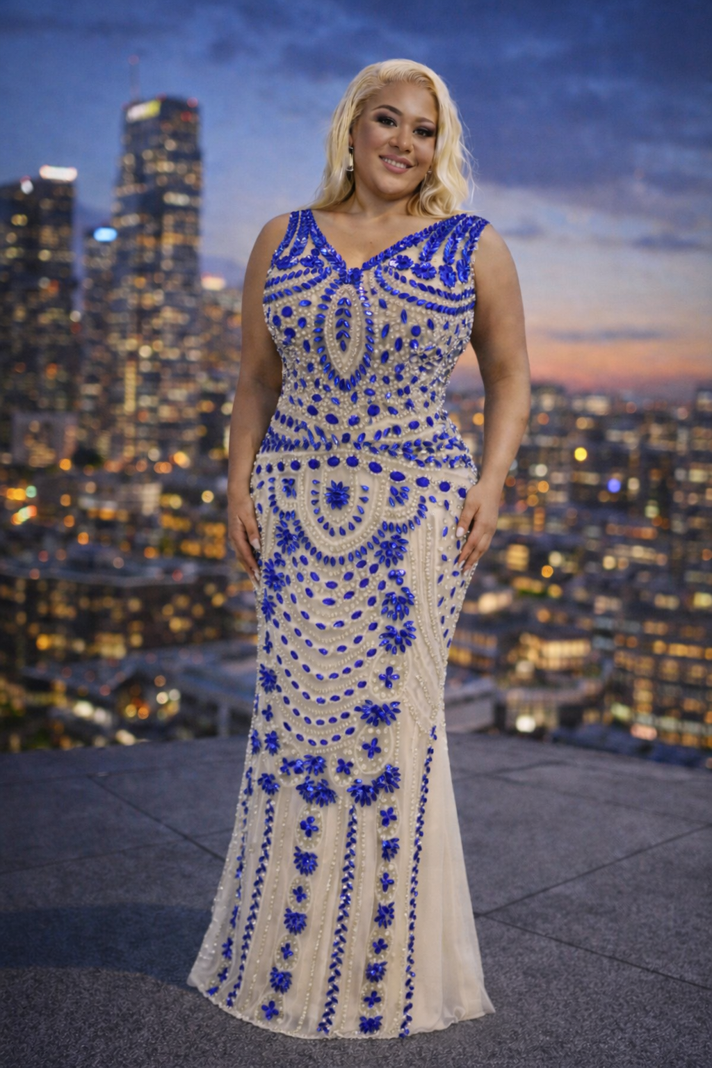 Blue & White Beaded Evening Gown | SDE3235