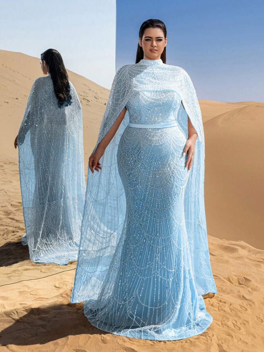 SD3258 Mock Neck Beaded Cape-Sleeve Fishtail Gown