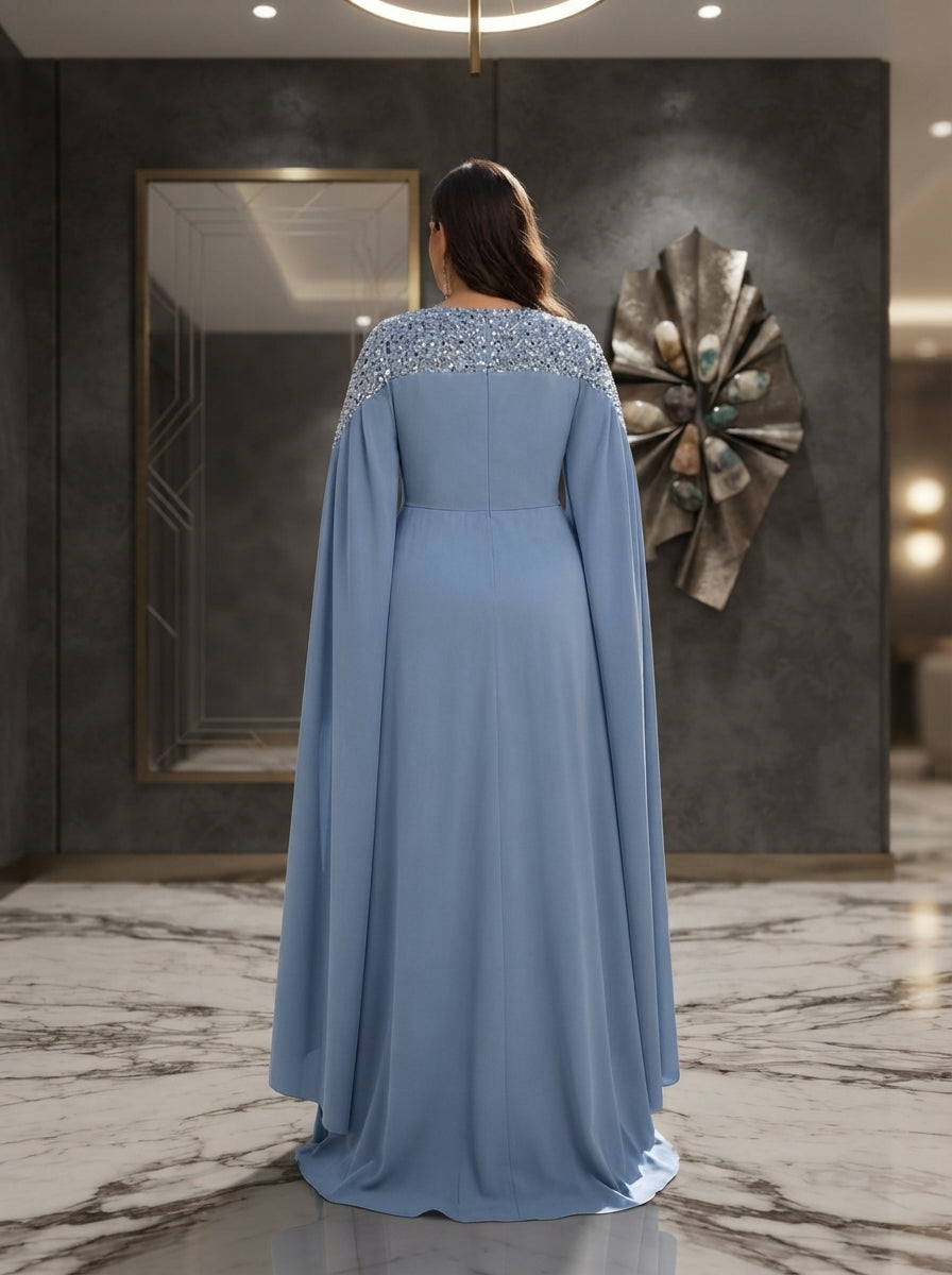 SDE3280 Plus Size Blue Sequin Asymmetrical A-Line Gown