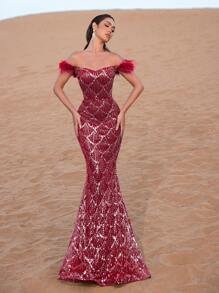 SD3219 Feather Accent Crystal Mermaid Gown - UK8(s), Burgundy image