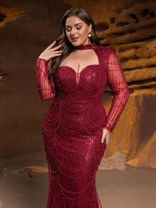 SD3245 One-Shoulder Fish-Scale Sequin Gown - Uk18 (1XL), Burgundy image