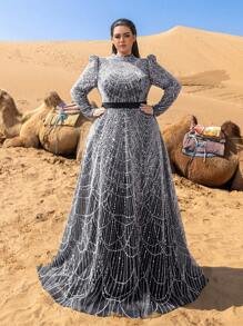 SD3246 Petite Stand Collar Beaded A-Line Gown - UK20 (2XL), Black and White image