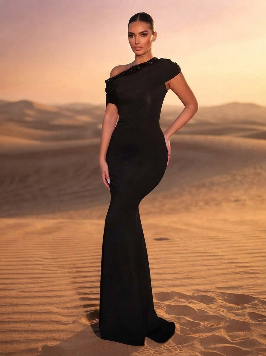 SDE3263 Black Sequined Embroidery One-Shoulder Fishtail Gown