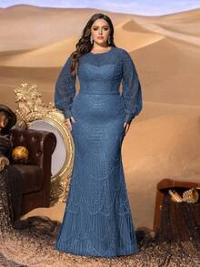 SD3234 Plus Size Arc Sequin Mermaid Gown - UK22 (3XL), Dusty Blue image