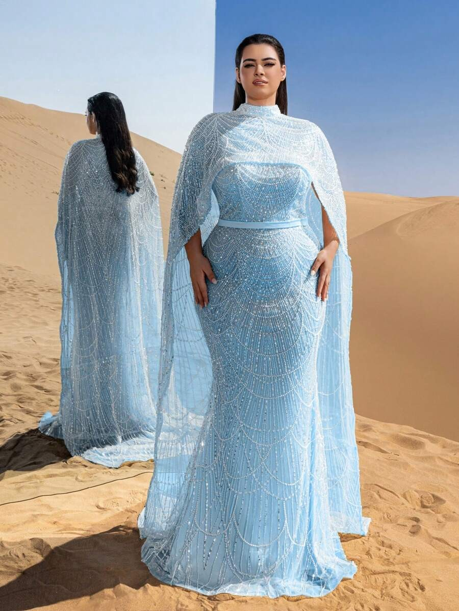 SD3258 Mock Neck Beaded Cape-Sleeve Fishtail Gown