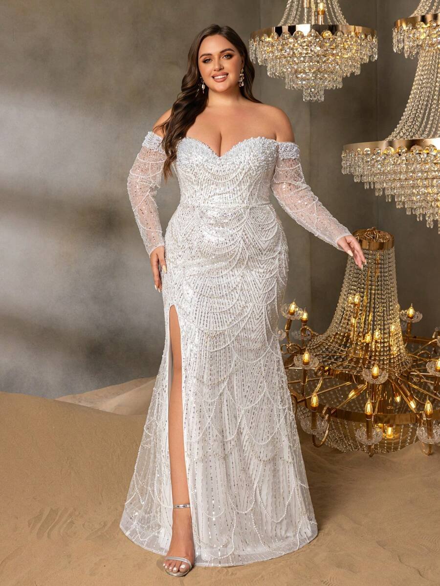 SD3251 Off-Shoulder Beaded Gown with Sheer Sleeves image 1