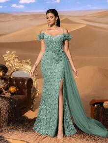 SD3220 Off-Shoulder Pearl & Beaded Slit Gown image 3