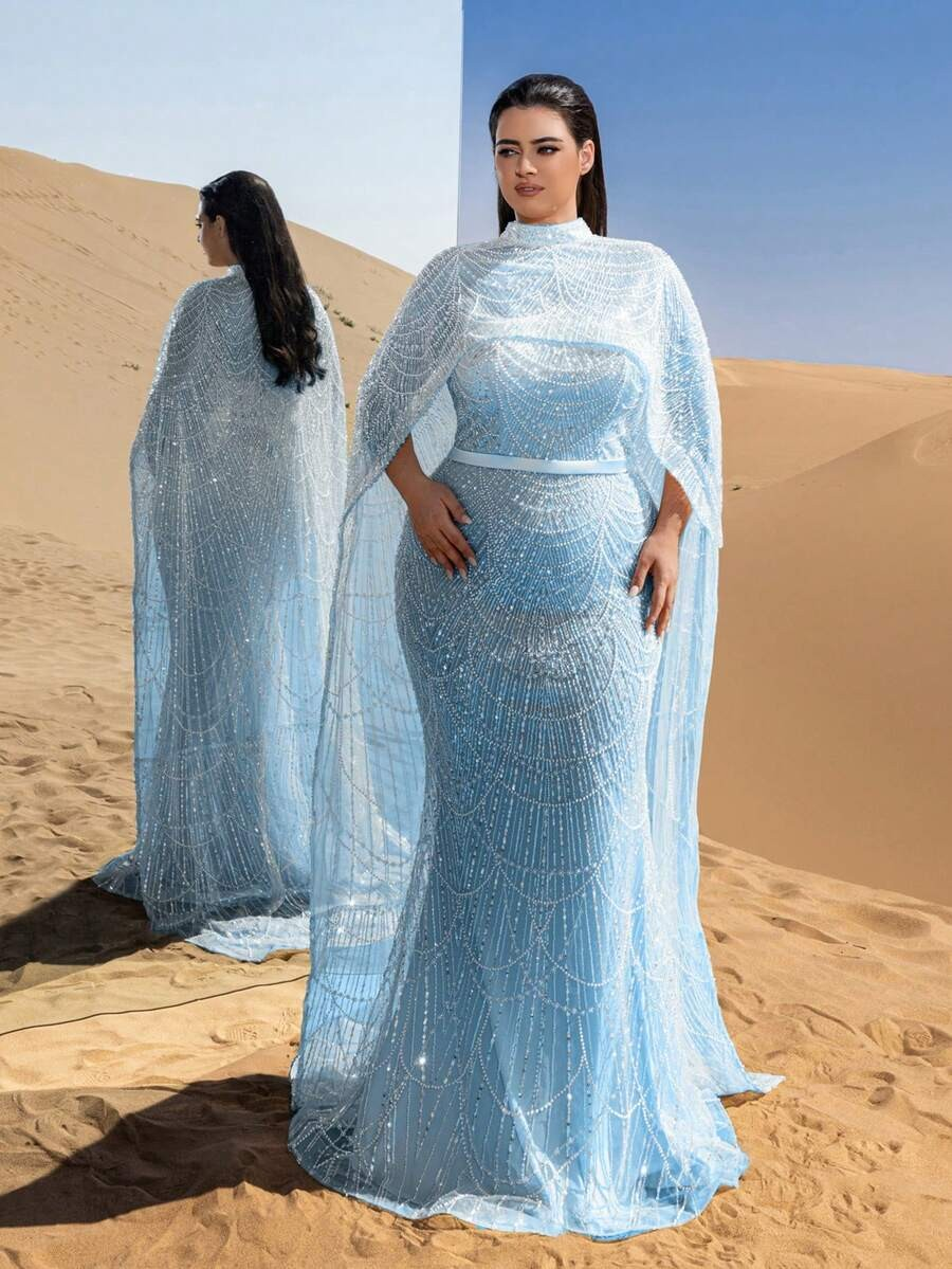 SD3258 Mock Neck Beaded Cape-Sleeve Fishtail Gown
