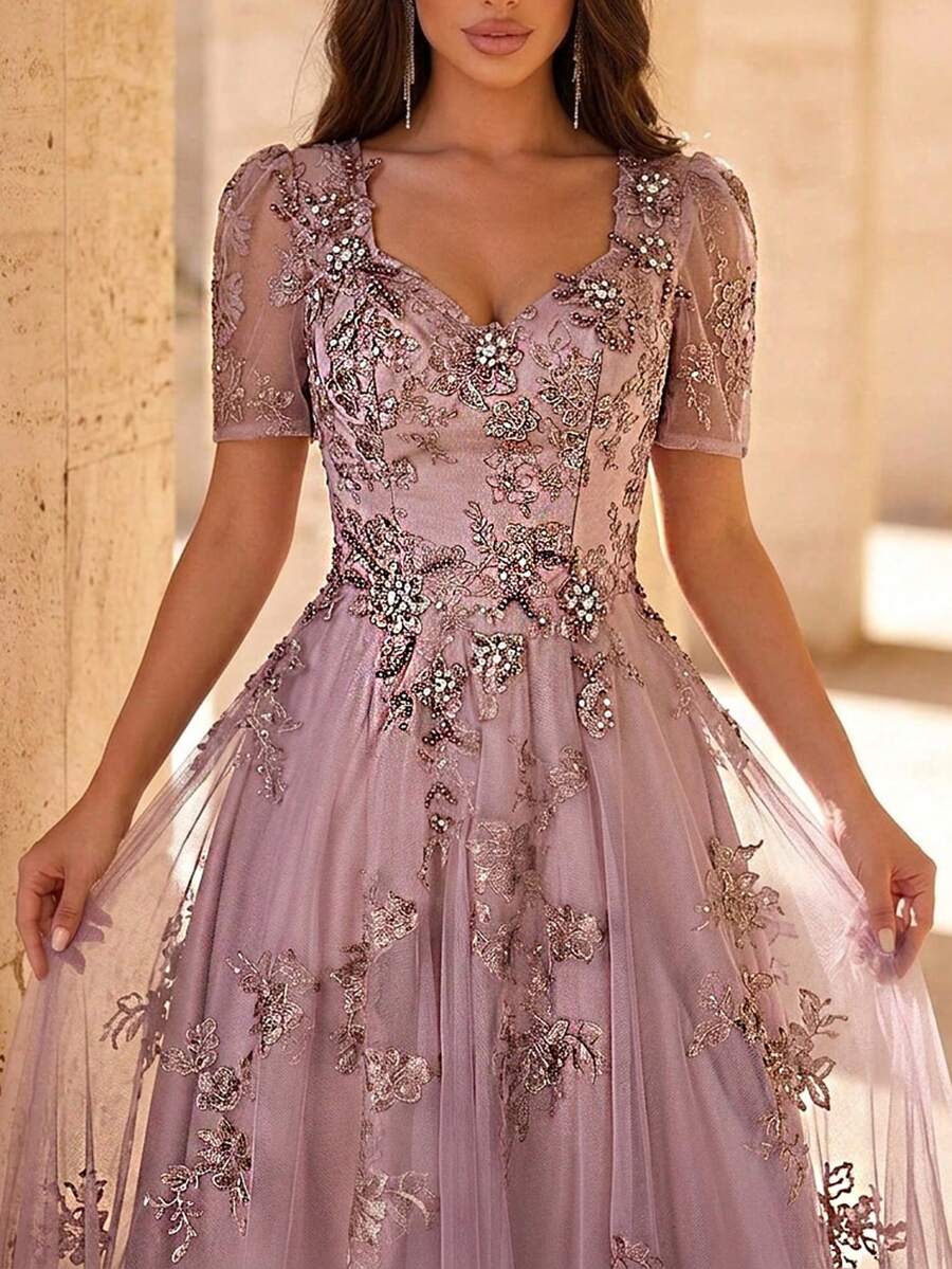 SDE3255 Elegant Pearl Beaded Lace Mesh Flared Sleeve Dress