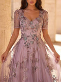 SDE3255 Elegant Pearl Beaded Lace Mesh Flared Sleeve Dress