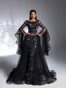 SD3196 Black Beaded Flare-Sleeve Trailing Gown image 6