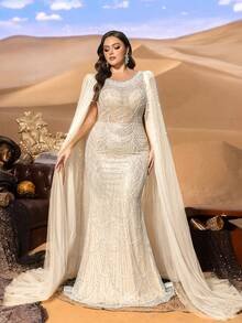 SD3257 Round Neck Beaded Gown with Ultra-Long Cape Sleeves image 6