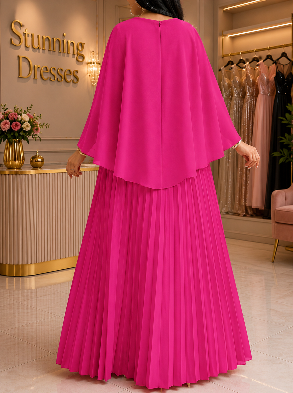 SDD4008 Cape Overlay Pleated Maxi Dress