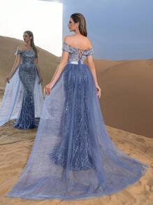 SD3215 Off-Shoulder Tulle Overlay Mermaid Gown - UK18(XXL), Dusty Blue image