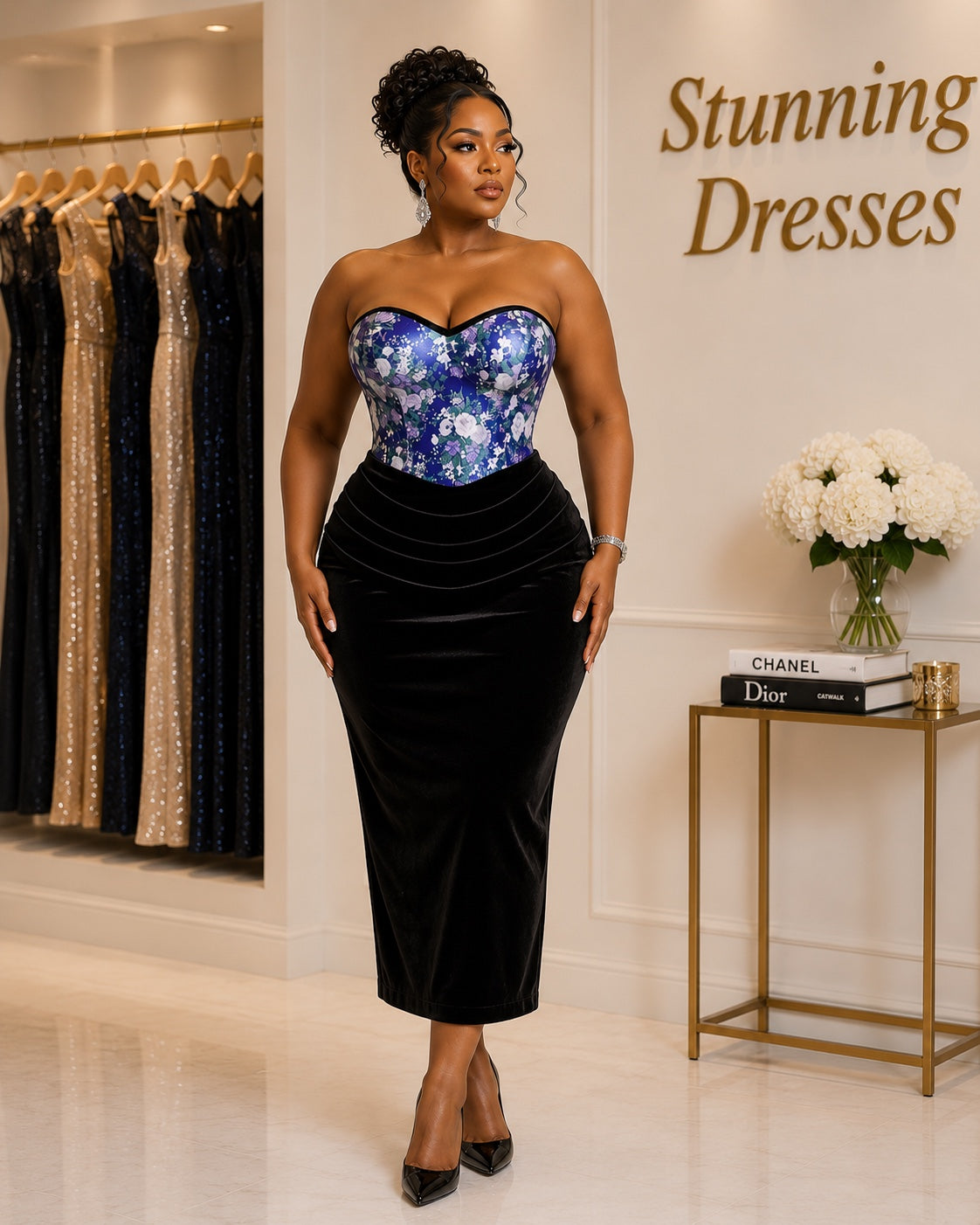 Plus Size Floral Corset Velvet Midi Dress in Black - front view