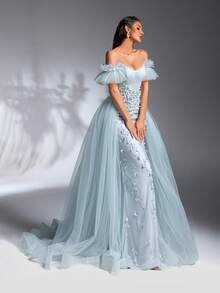 SD3198 Light Blue Floral Off-Shoulder Mesh Gown image 7