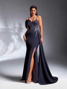 SD3265 Rhinestone Strap Pearl & Sequin High Slit Gown - Navy Blue, UK16 image
