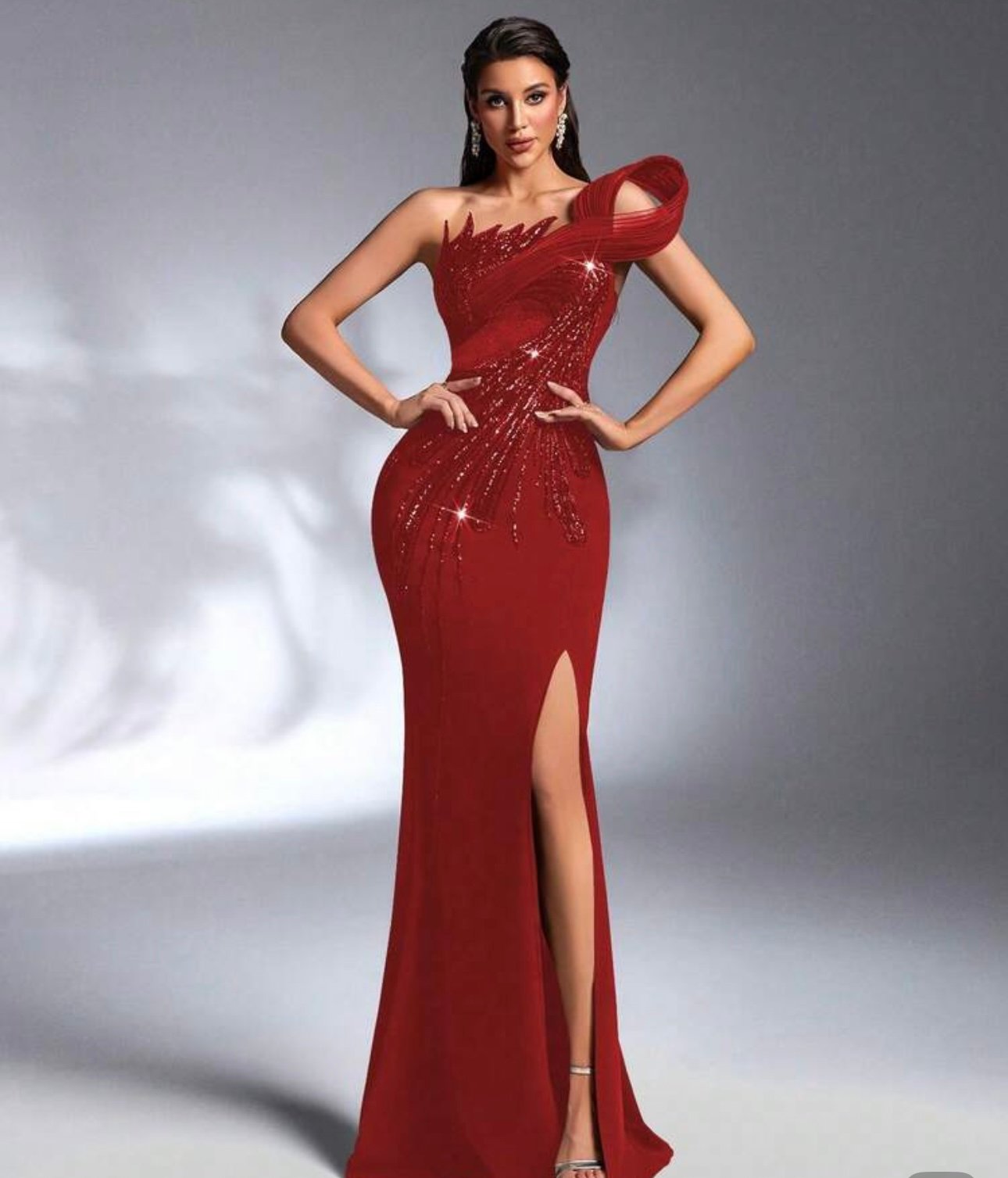 SD 3168 One-Shoulder Sequin Mermaid Evening Gown – Thigh-High Slit image 2