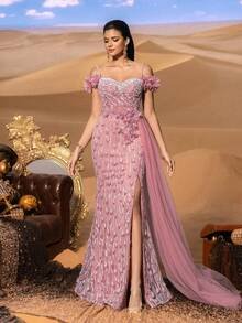 SD3220 Off-Shoulder Pearl & Beaded Slit Gown - UK18(XXL), Dusty Pink image