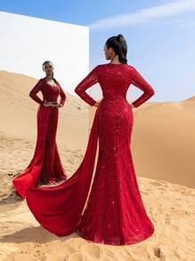 SD3227 Sweetheart Neck Draped Side Beaded Gown - UK8(s), Red image