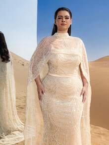 SD3232 Plus Size Mock Neck Beaded Cape-Sleeve Gown - Uk18 (1XL), champagne image