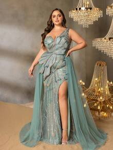 SD3242 One-Shoulder Emerald Beaded Gown with Tulle Overlay - Uk18 (1XL), Green image