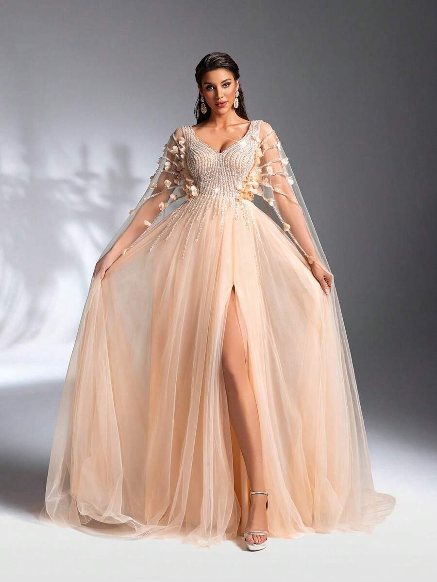 SD3208 Cloak Sleeve 3D Floral Mesh Gown