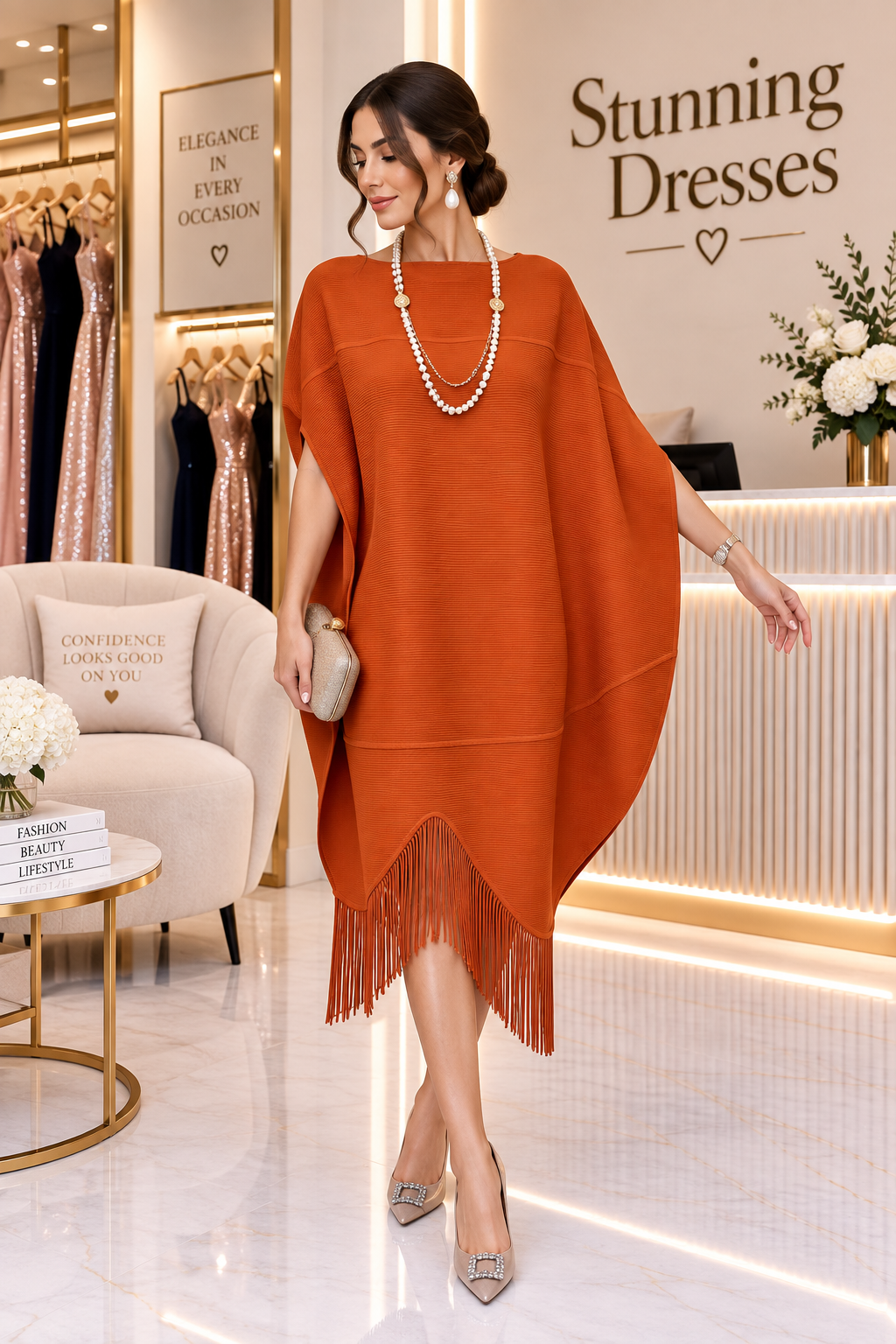 SDD4015 Batwing Fringe Hem Midi Dress in Orange