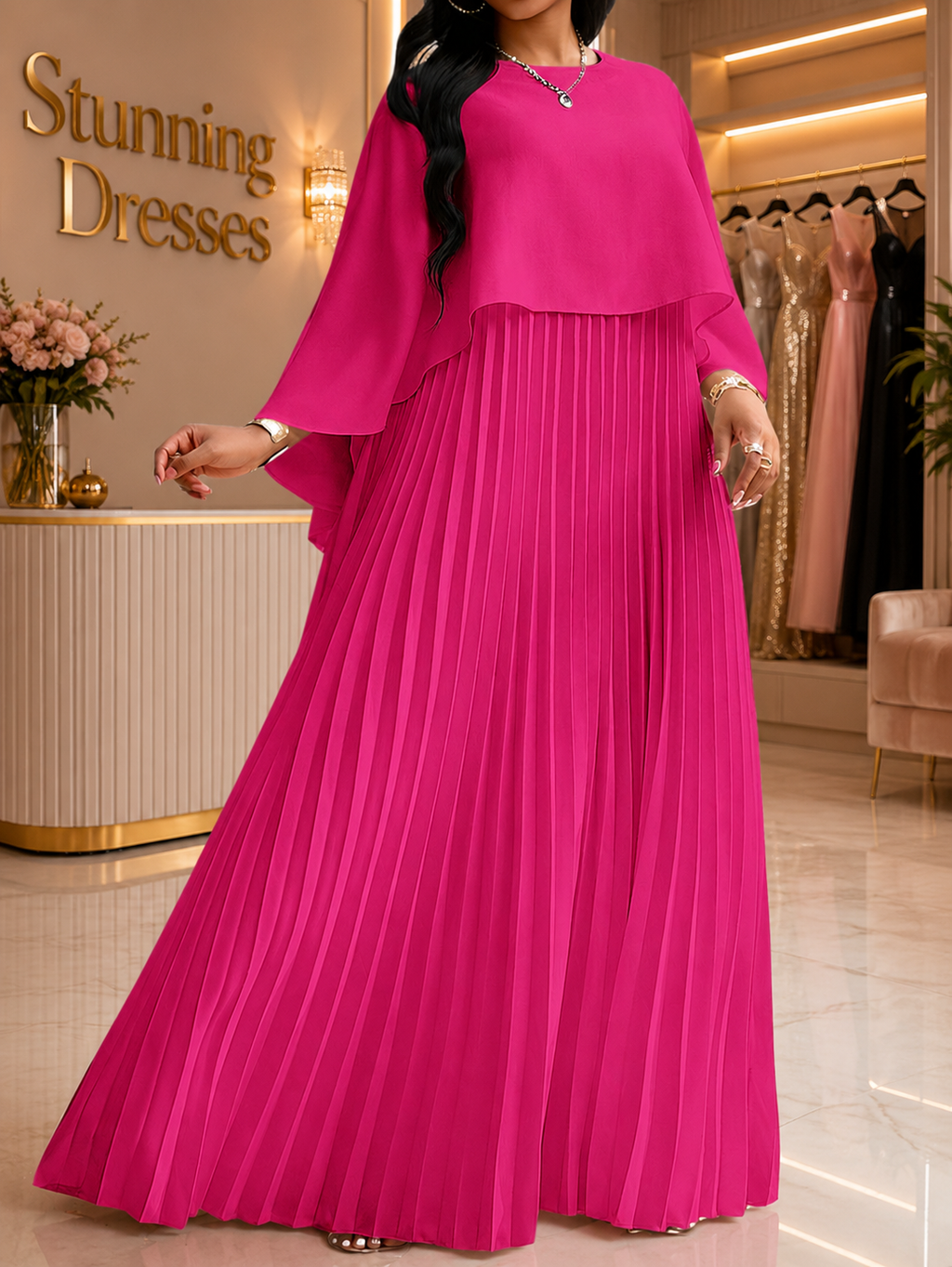 SDD4008 Cape Overlay Pleated Maxi Dress