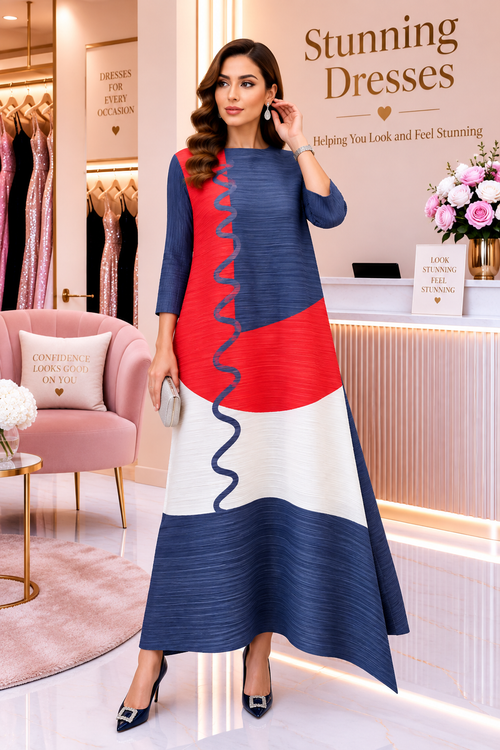 SDD4016 Colour Block Zigzag Maxi Dress in Navy Red White