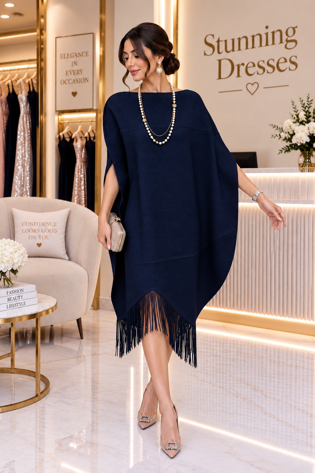 SDD4015 Batwing Fringe Hem Midi Dress in Navy