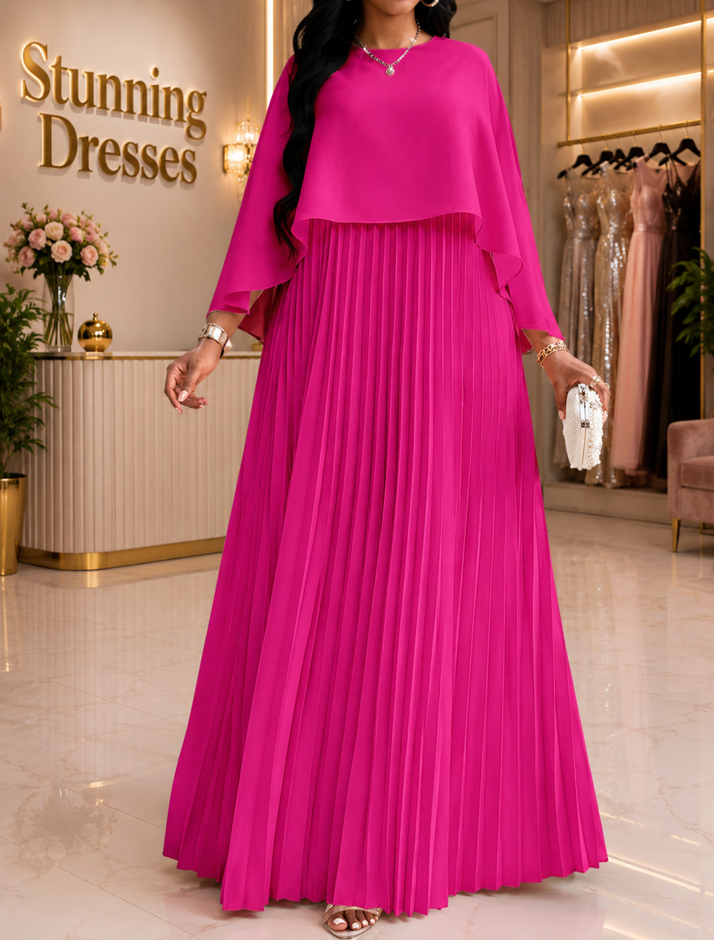SDD4008 Cape Overlay Pleated Maxi Dress