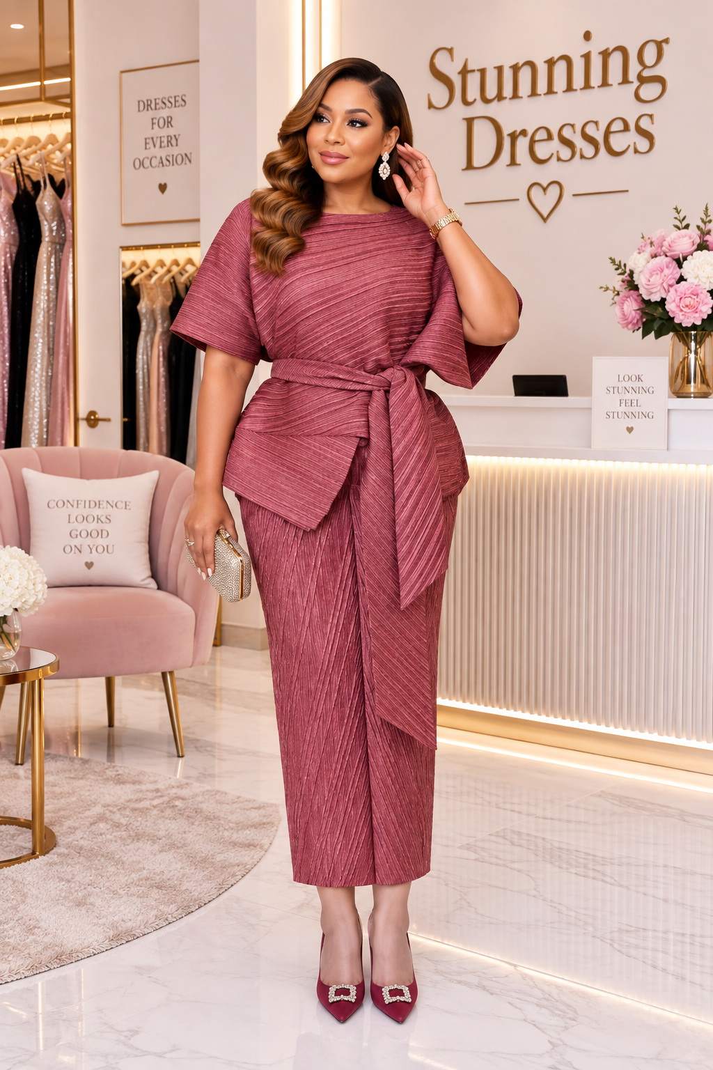 SDD4014 Pleated Midi Dress in Rose Pink