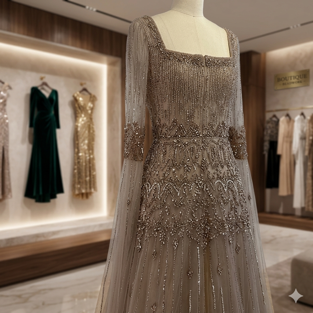 SDE5008 Dark Green A-Line Evening Dress with Beaded Cape Sleeves | Luxury Formal Gown