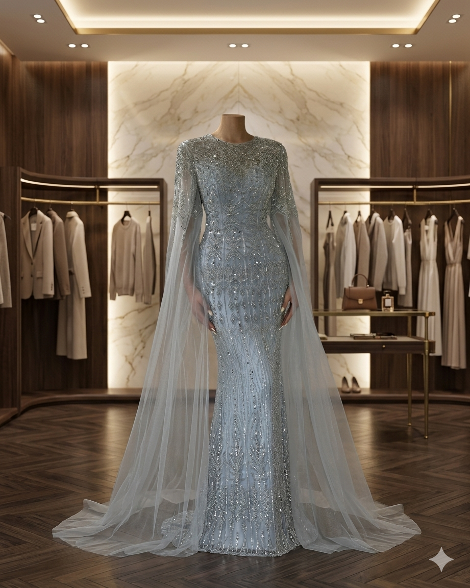 SDE5007 Luxury Saudi Arabia Caramel Mermaid Evening Gown with Cape Sleeves | Formal Dress