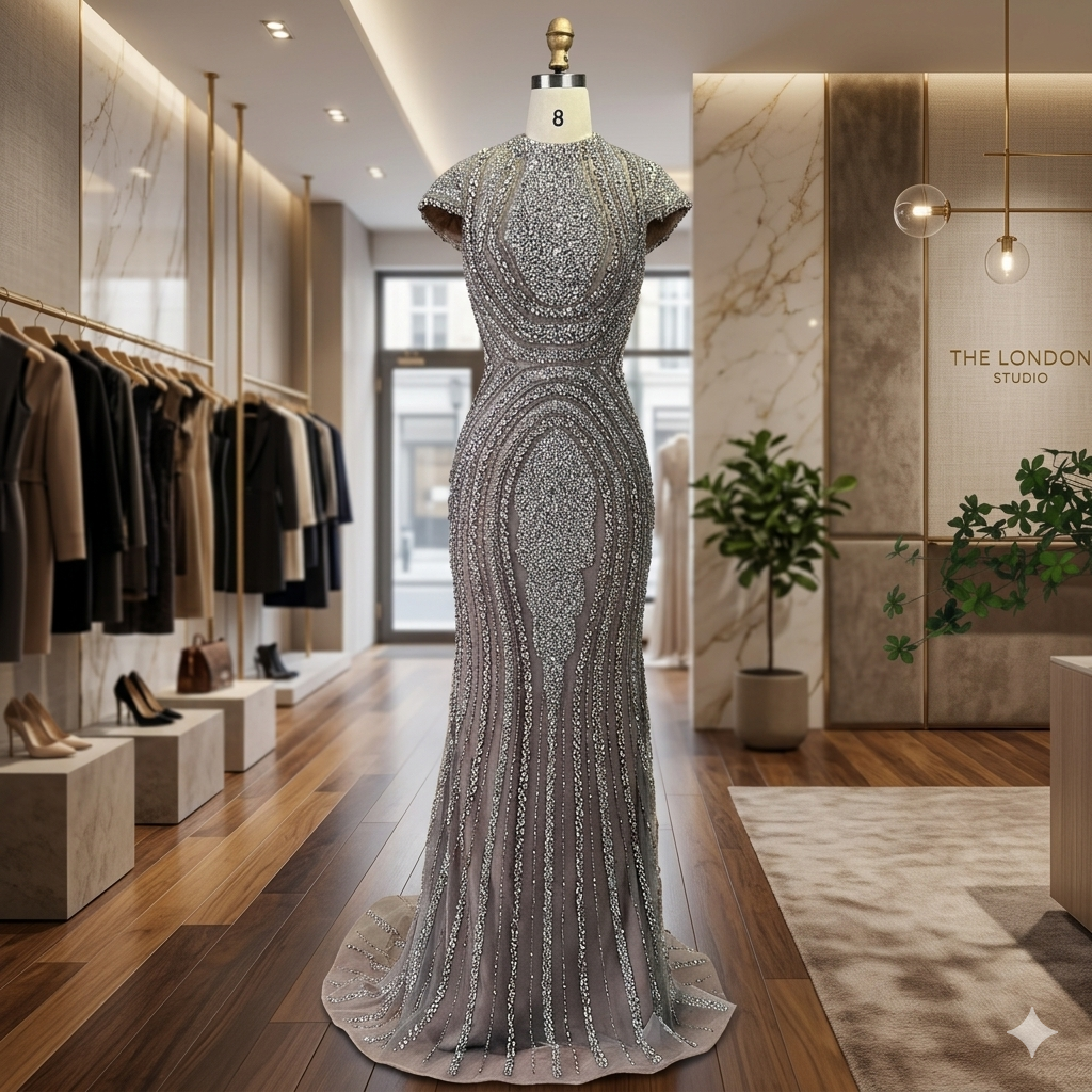 SDE5003 Stunning Arabic Dubai Gray Nude Mermaid Floor Length Beaded Luxury Evening Dress Gown for Wedding Party | Custom Formal Dress