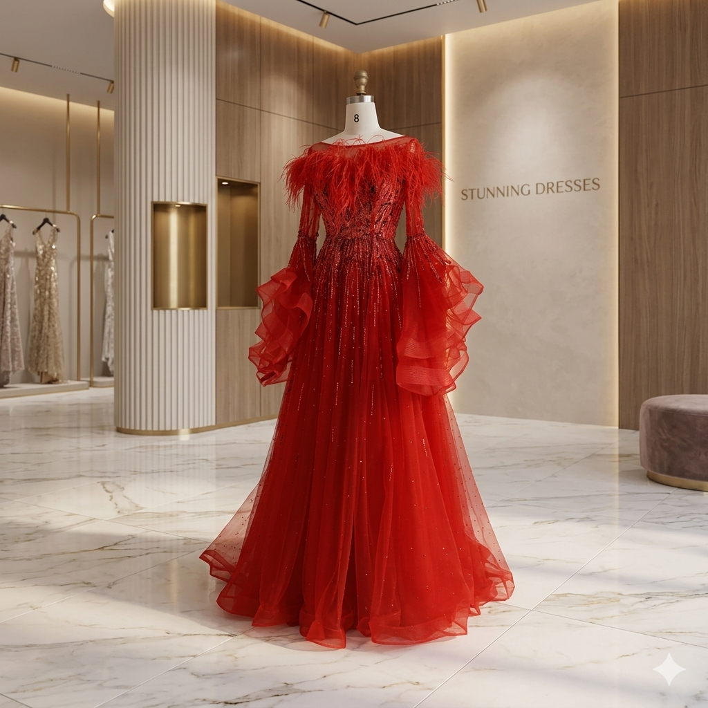 SDE5018 Luxury Red Feathered A-Line Evening Dress with Beaded Bodice & Puffy Long Sleeves for Formal Party
